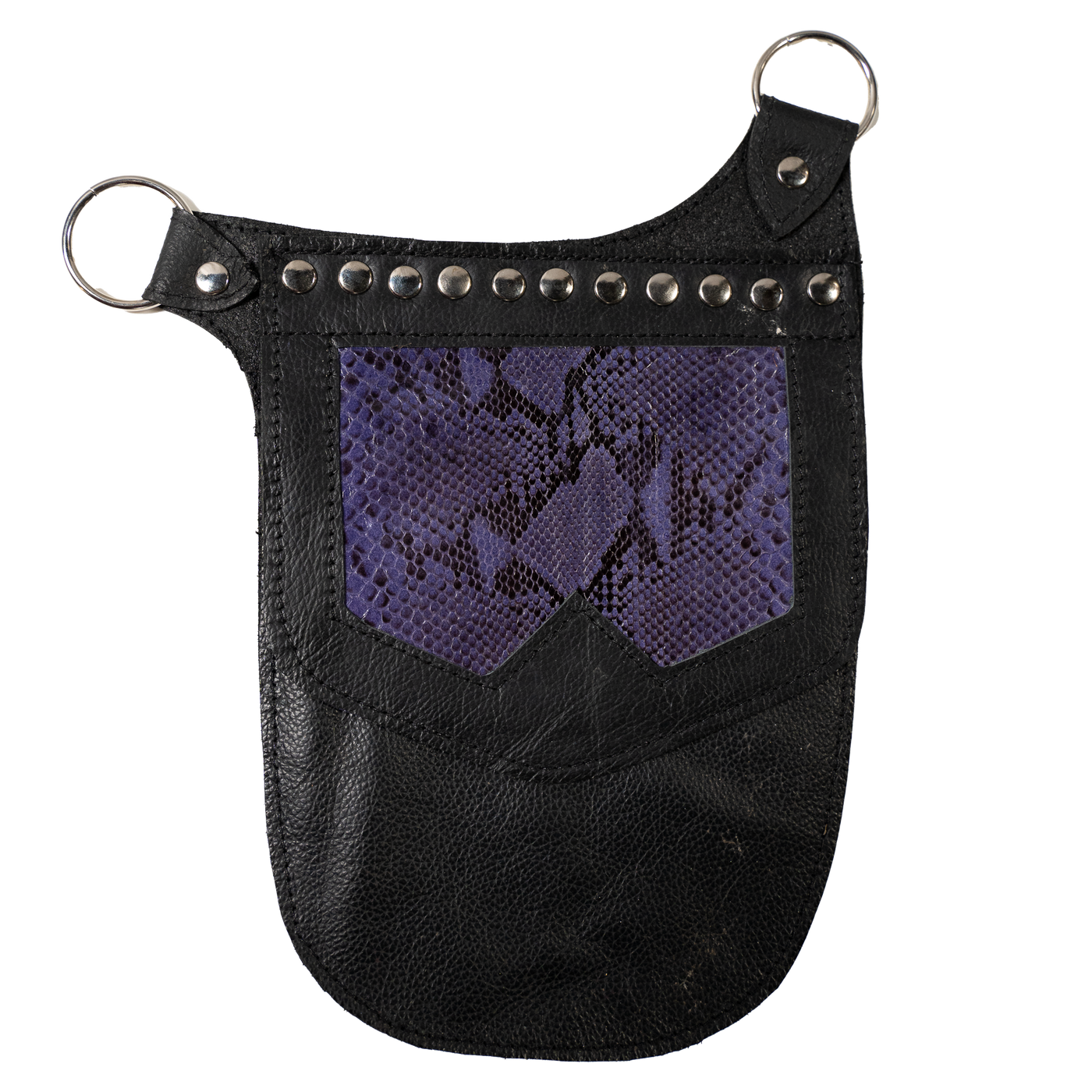 Real Leather back holster to keep your belongings and vaulables safe.  It has an adjustable strap with buckles at the front with chrome effect studs in various places, rings that sit on the shoulders and another buckle securing at the back.  on the side is a decorative pouch for your valuables to keep them out of site.  This one has a purple real python snakeskin
