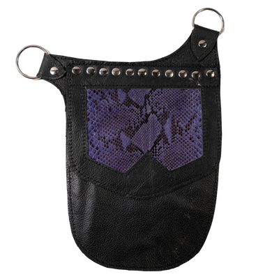 Real Leather back holster to keep your belongings and vaulables safe.  It has an adjustable strap with buckles at the front with chrome effect studs in various places, rings that sit on the shoulders and another buckle securing at the back.  on the side is a decorative pouch for your valuables to keep them out of site.  This one has a purple real python snakeskin
