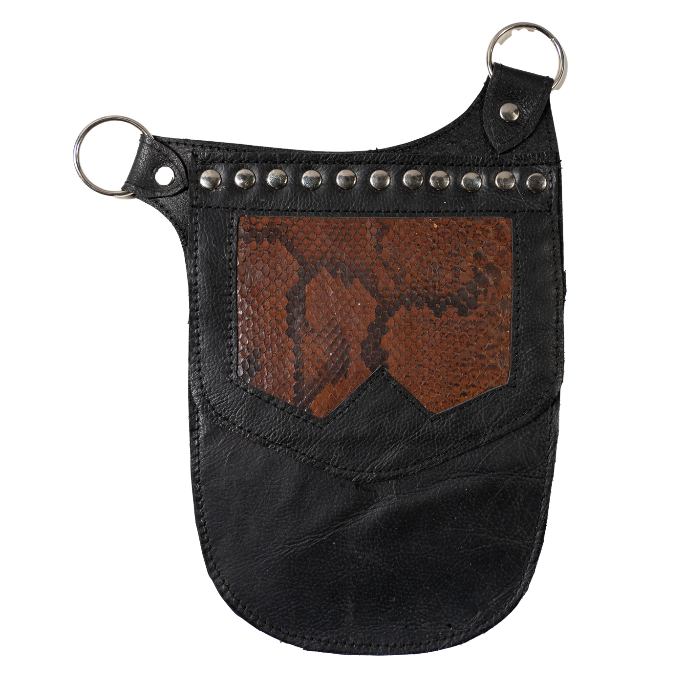 Real Leather back holster to keep your belongings and vaulables safe.  It has an adjustable strap with buckles at the front with chrome effect studs in various places, rings that sit on the shoulders and another buckle securing at the back.  on the side is a decorative pouch for your valuables to keep them out of site.  This one has a real antique python snakeskin
