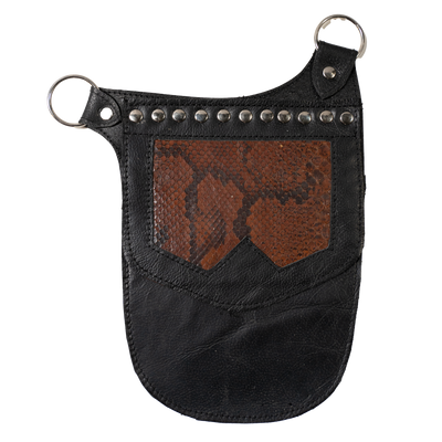 Real Leather back holster to keep your belongings and vaulables safe.  It has an adjustable strap with buckles at the front with chrome effect studs in various places, rings that sit on the shoulders and another buckle securing at the back.  on the side is a decorative pouch for your valuables to keep them out of site.  This one has a real antique python snakeskin
