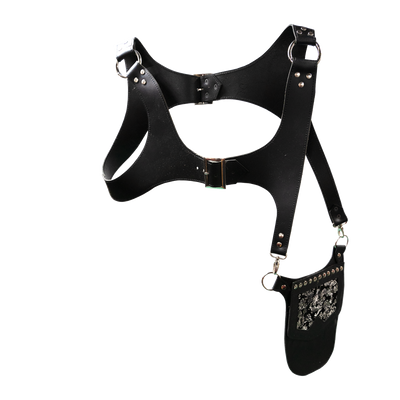 Real Leather back holster to keep your belongings and valuables safe.  It has an adjustable strap with buckles at the front with chrome effect studs in various places, rings that sit on the shoulders and another buckle securing at the back.  on the side is a decorative pouch for your valuables to keep them out of site.  This one has a silver dragon design on the pouch
