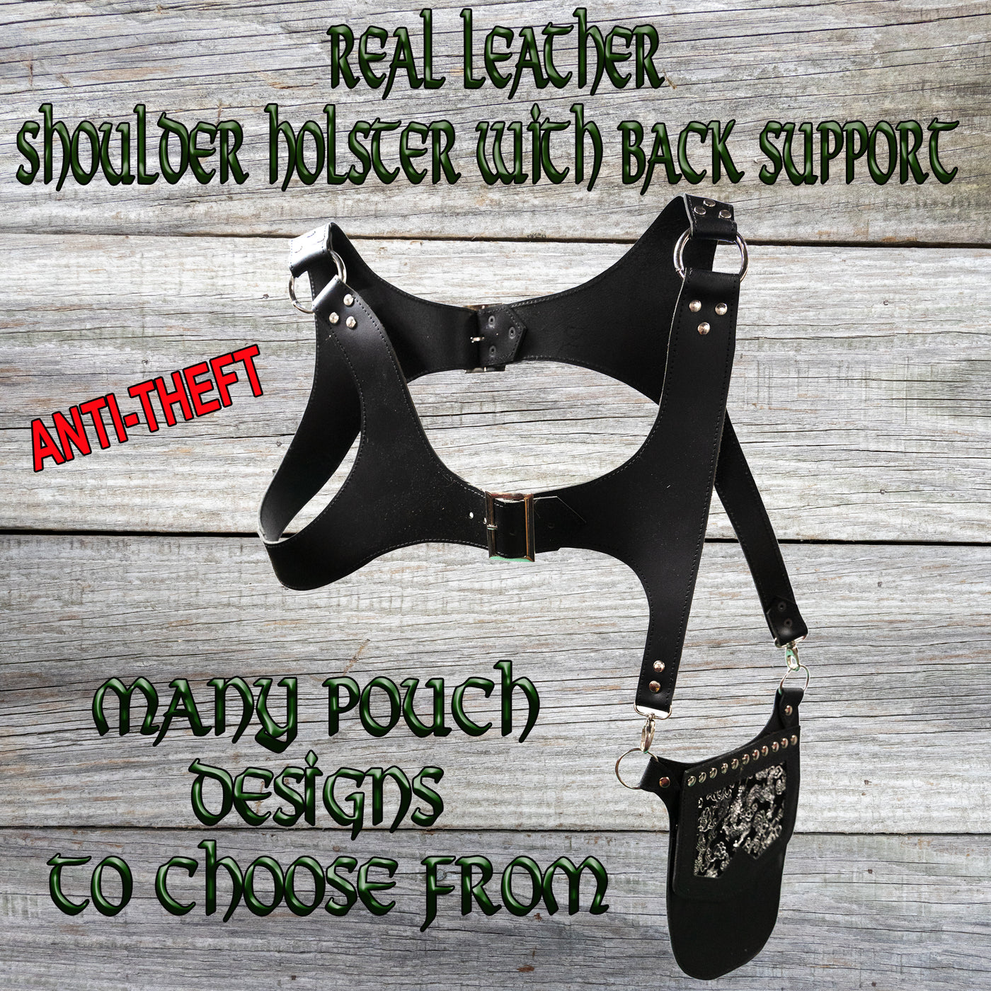 Real Leather back holster to keep your belongings and valuables safe.  It has an adjustable strap with buckles at the front with chrome effect studs in various places, rings that sit on the shoulders and another buckle securing at the back.  on the side is a decorative pouch for your valuables to keep them out of site.  This one has a silver dragon design on the pouch