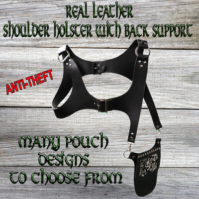 Real Leather back holster to keep your belongings and valuables safe.  It has an adjustable strap with buckles at the front with chrome effect studs in various places, rings that sit on the shoulders and another buckle securing at the back.  on the side is a decorative pouch for your valuables to keep them out of site.  This one has a silver dragon design on the pouch