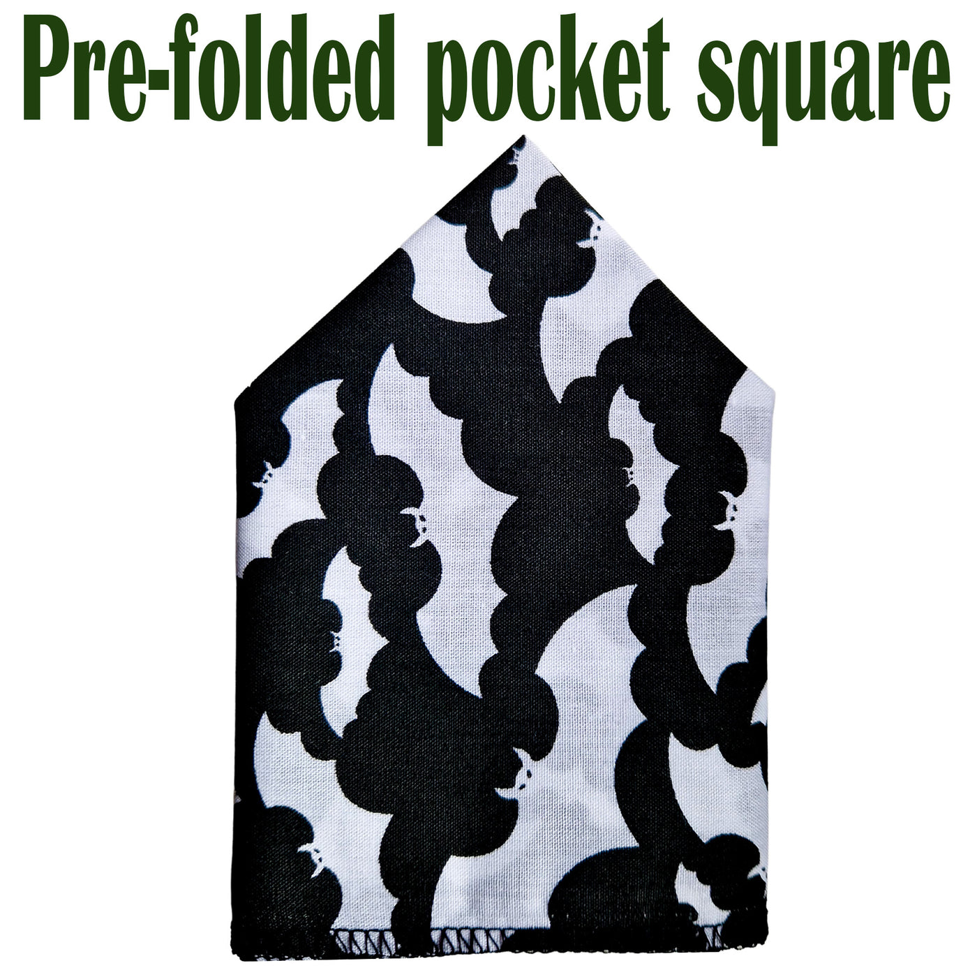 Great Halloween design, white bats on black fabric on our pre-folded pocket square which is  25cm x 25cm, pre-folded so just pop it straight in your pocket. Handmade from 100% Cotton

