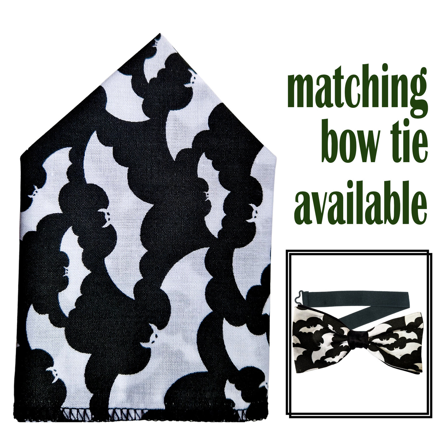 Bat Design, White Bats on Black Cotton.  Handmade bow tie & pocket square.  The bow tie is on a sliding ribbon. The pocket square is  25 cmx 25 cm, pre-tied so just pop it straight in your pocket. Handmade from 100% Cotton

