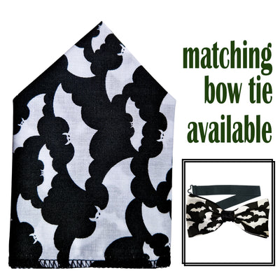 Bat Design, White Bats on Black Cotton.  Handmade bow tie & pocket square.  The bow tie is on a sliding ribbon. The pocket square is  25 cmx 25 cm, pre-tied so just pop it straight in your pocket. Handmade from 100% Cotton
