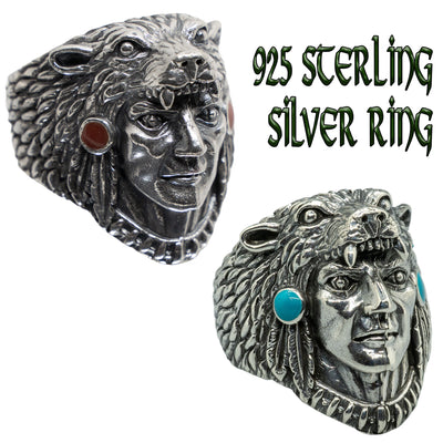 Turquoise Bear Navajo Influenced Indian Chief Cougar Exeter Chiefs silver Ring
