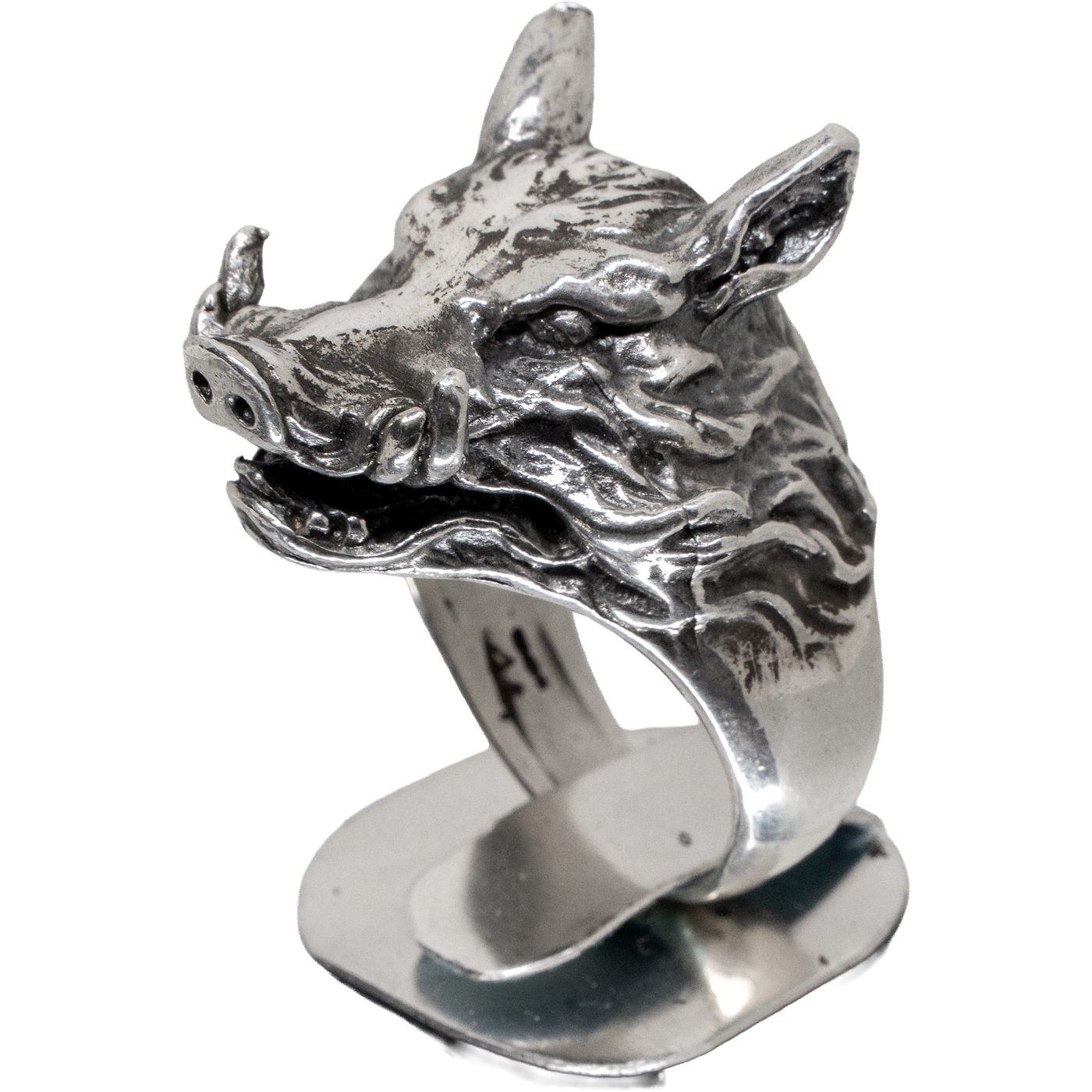 Wild Boar Head with tusks, 925 solid sterling silver ring, great detailing on the fur and facial features.  Available in size M - Z+5
