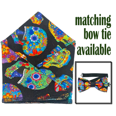 Great designer bow tie & pocket square, black fabric with a candy/sugar skull design.  The pocket square is approx. 25 x 25cm, pre-folded so you can pop it straight in your breast pocket. Handmade from 100% Cotton
