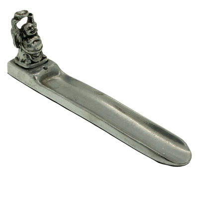 Laughing Fat Buddha joss stick/incense stick holder/burner cast in resin in a silver finish