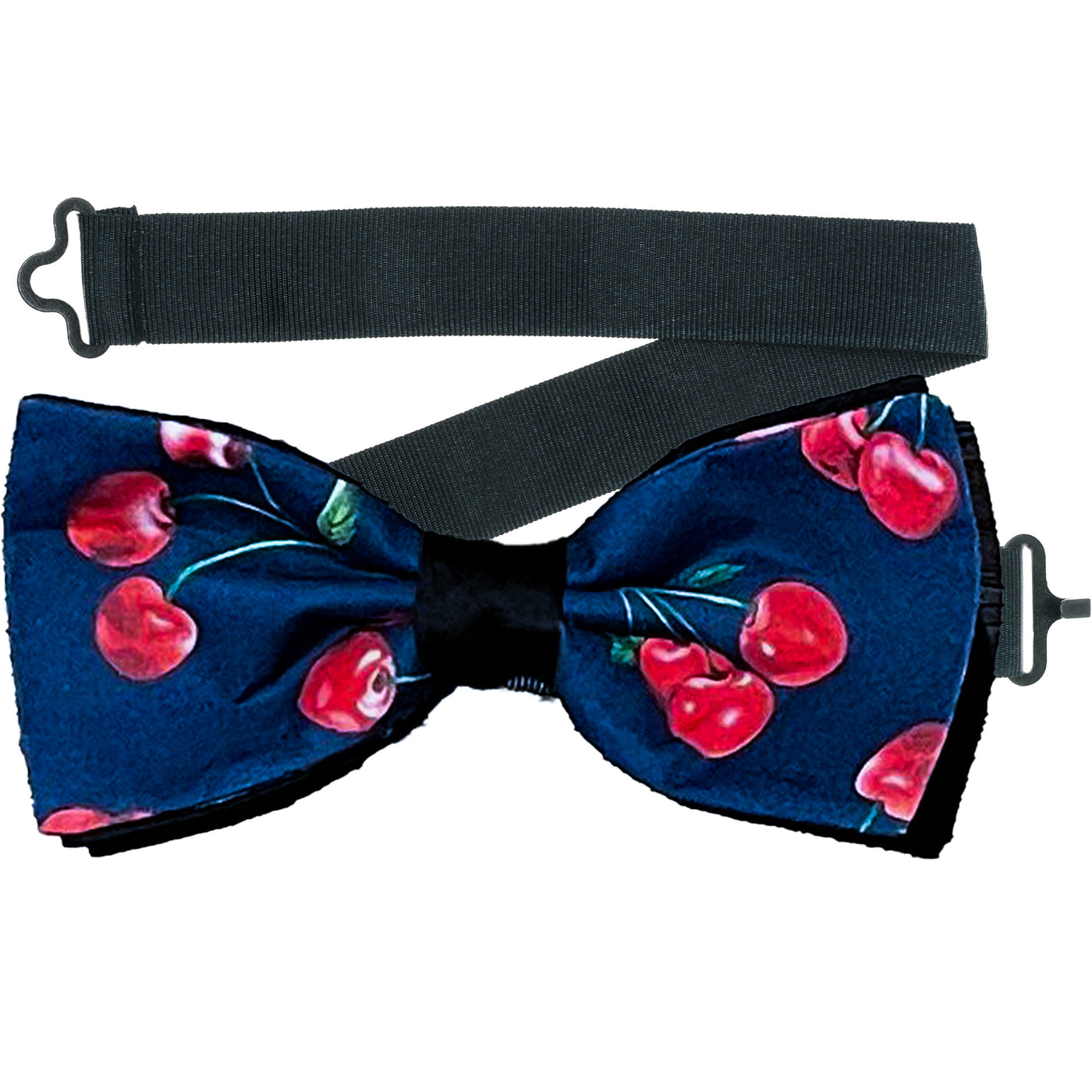 Red Cherries on Blue, great fabric on our hand made pre-tied bow tie which is on a sliding ribbon to easily place and attach.  It can be adjusted up to 50cm. Handmade from 100% cotton. 
