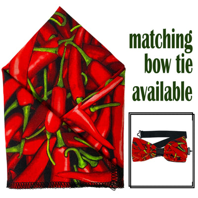 Red chili pepper pre-tied bow tie & pre-folded pocket square.  The bow tie is on a sliding ribbon to easily attach. The pocket square is  25cm x 25cm, pre-folded so just pop it straight in your breast pocket. Handmade from 100% cotton
