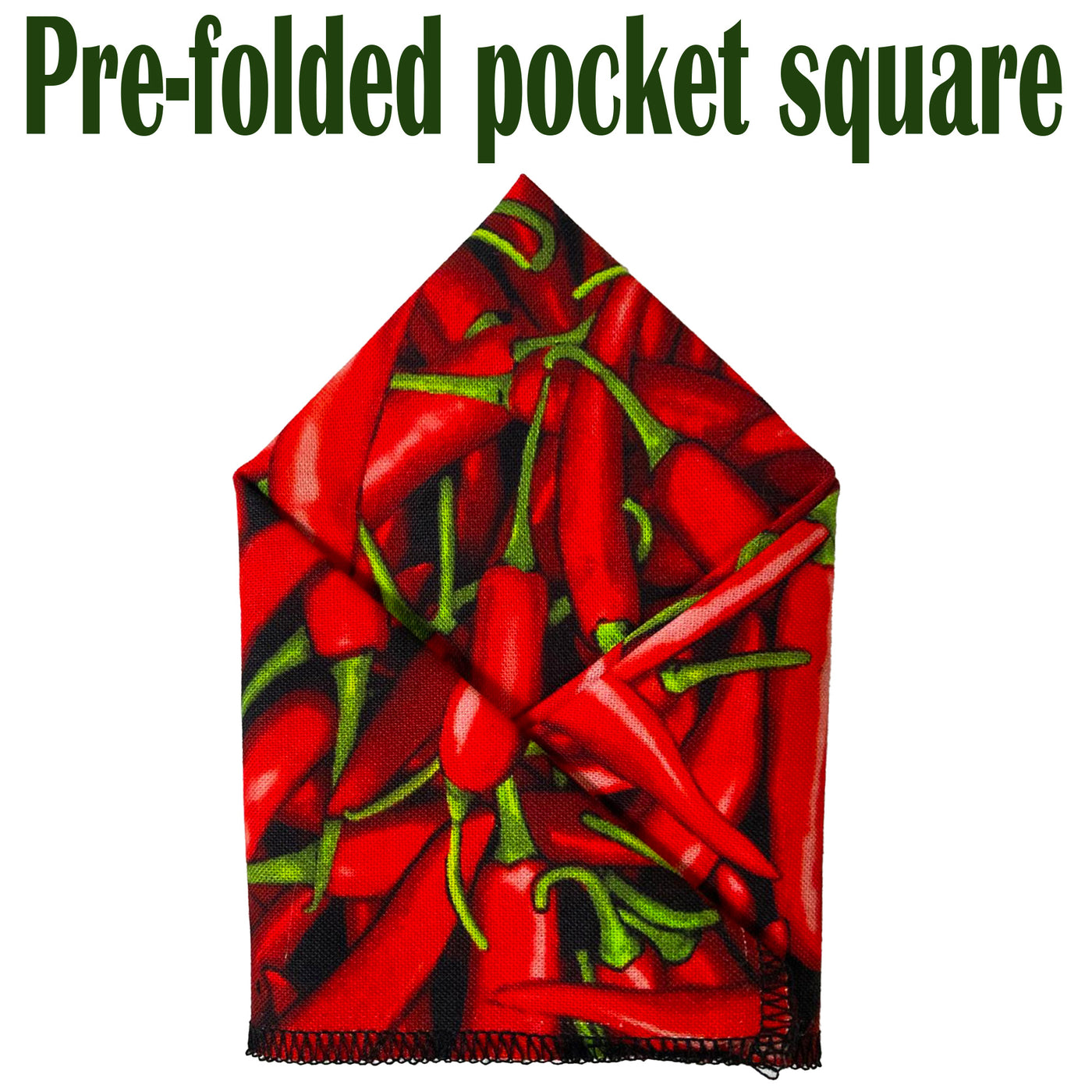 Red hot chili pepper pre-folded pocket square.  The pocket square is approx. 25cm x 25cm, pre-folded so you can pop it straight in your breast pocket. Handmade from 100% cotton
