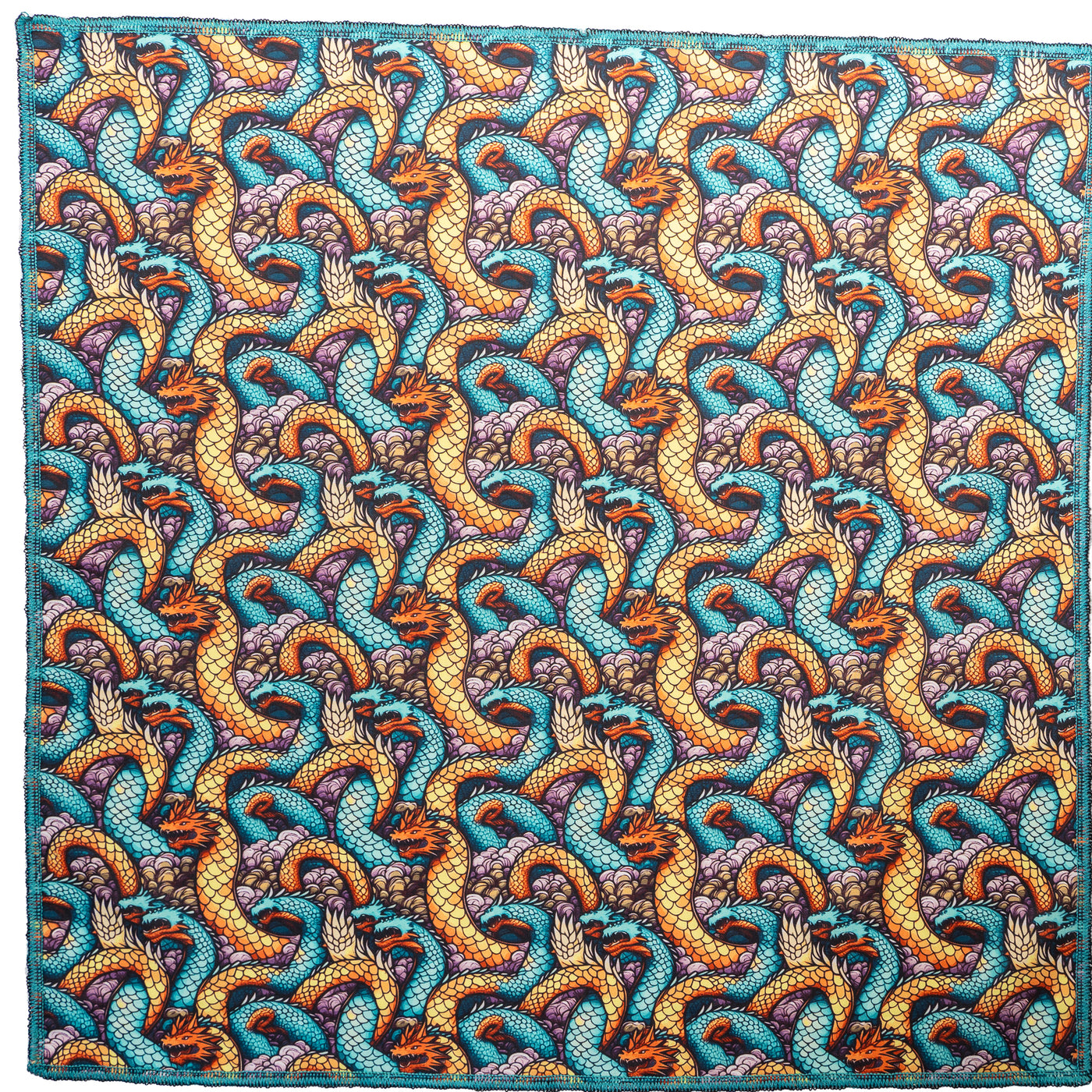 Entwined Chinese dragons cover this bandana which is approx. 21.5 x 21.5". In gorgeous shades of blues & oranges