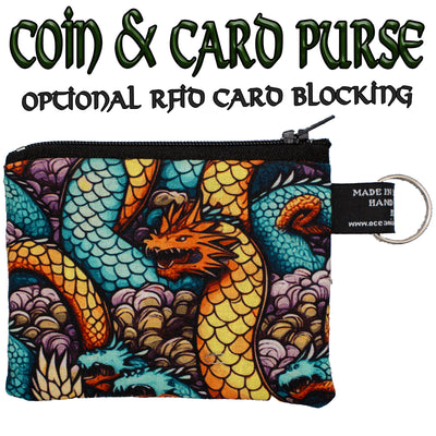 Coin & Card Purse with Entwined Chinese dragons design on one side and black cotton on the reverse.  With an optional RFID Insert to block scanners