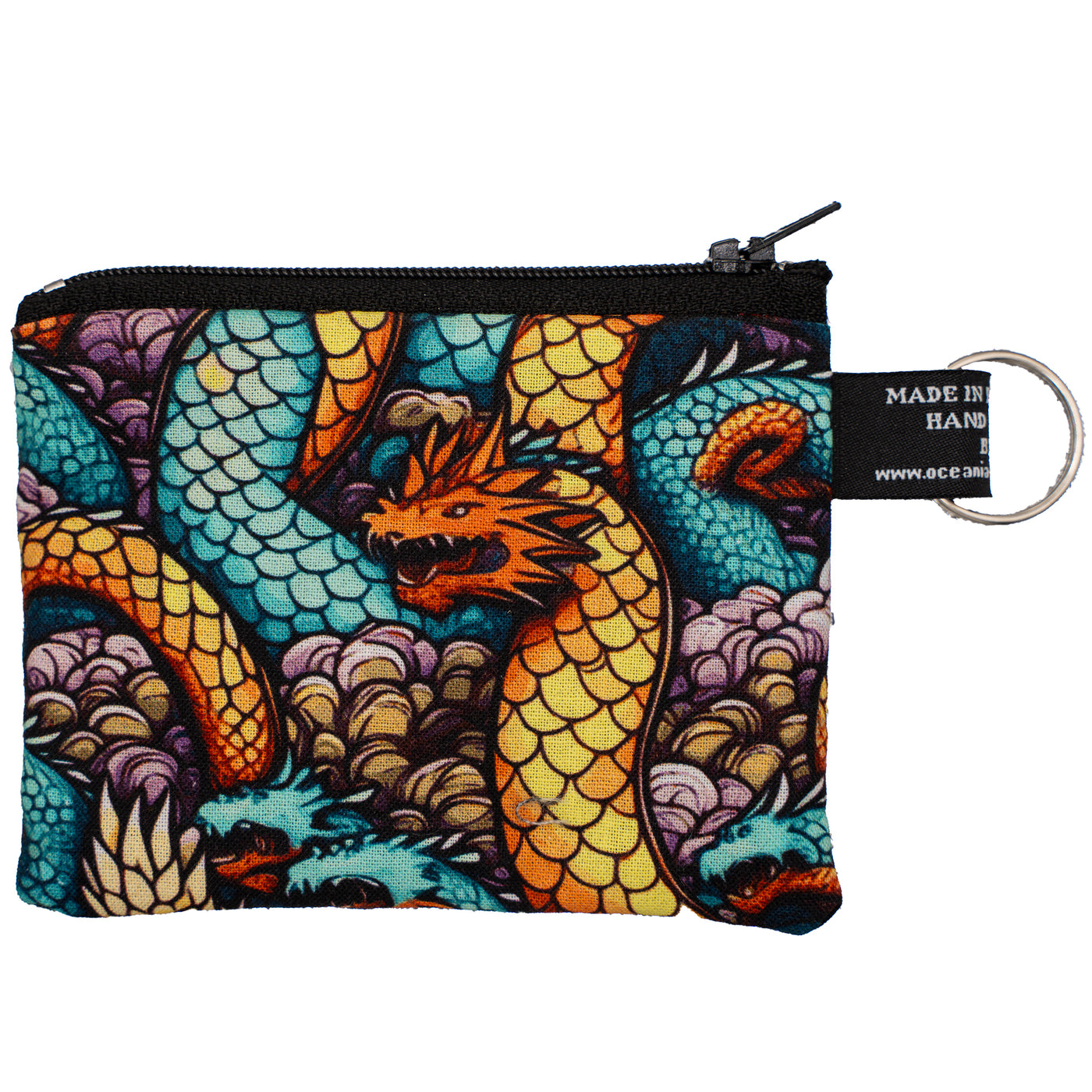 Coin & Card Purse with Entwined Chinese dragons design on one side and black cotton on the reverse.  With an optional RFID Insert to block scanners