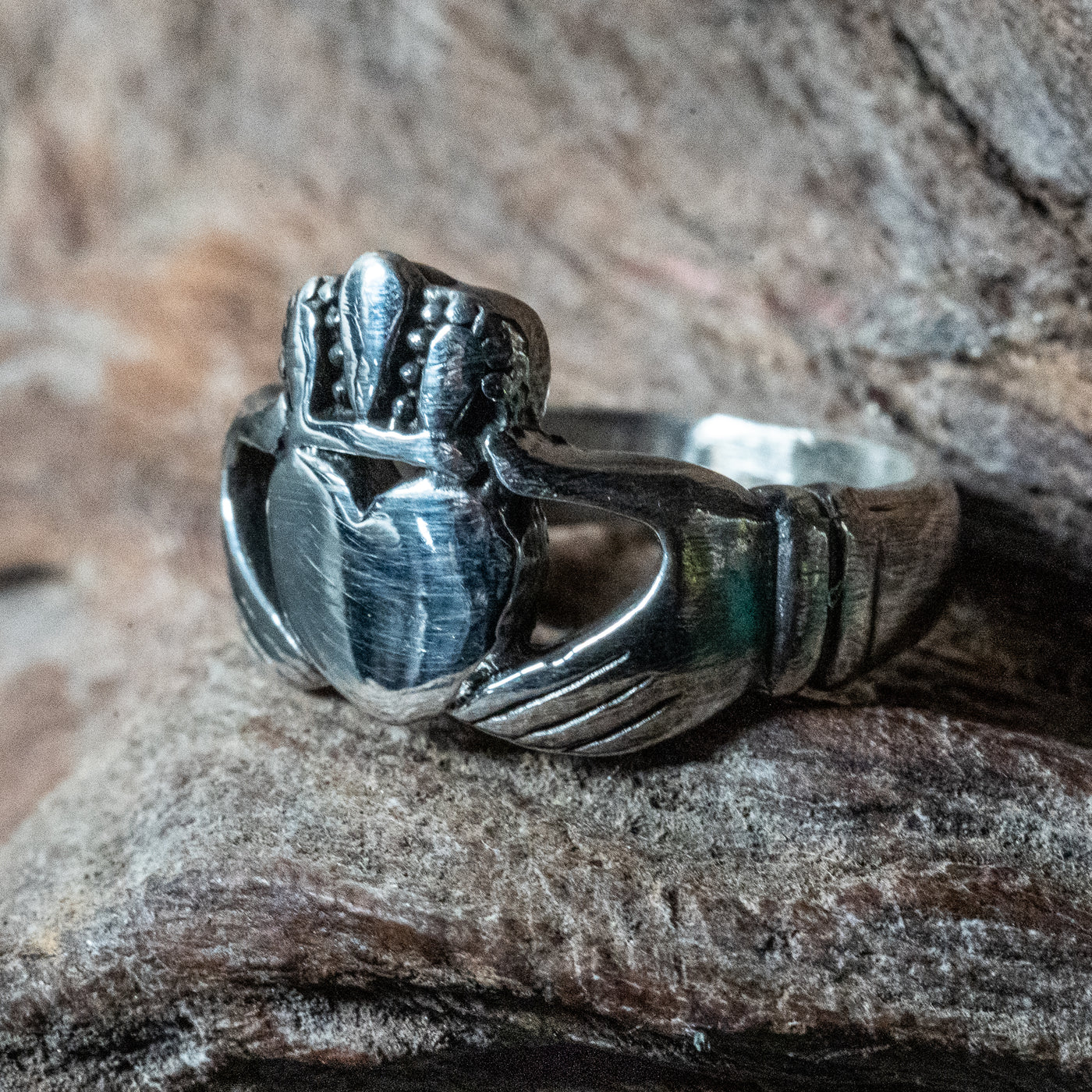 Lovely Claddagh ring handmade from 925 sterling silver in our Devon, UK workshop. Irish Claddagh rings symbolise love, loyalty & friendship.  The heart in the centre represents love, the crown on top of the heart represents loyalty and the 2 hands holding the heart represent friendship.
