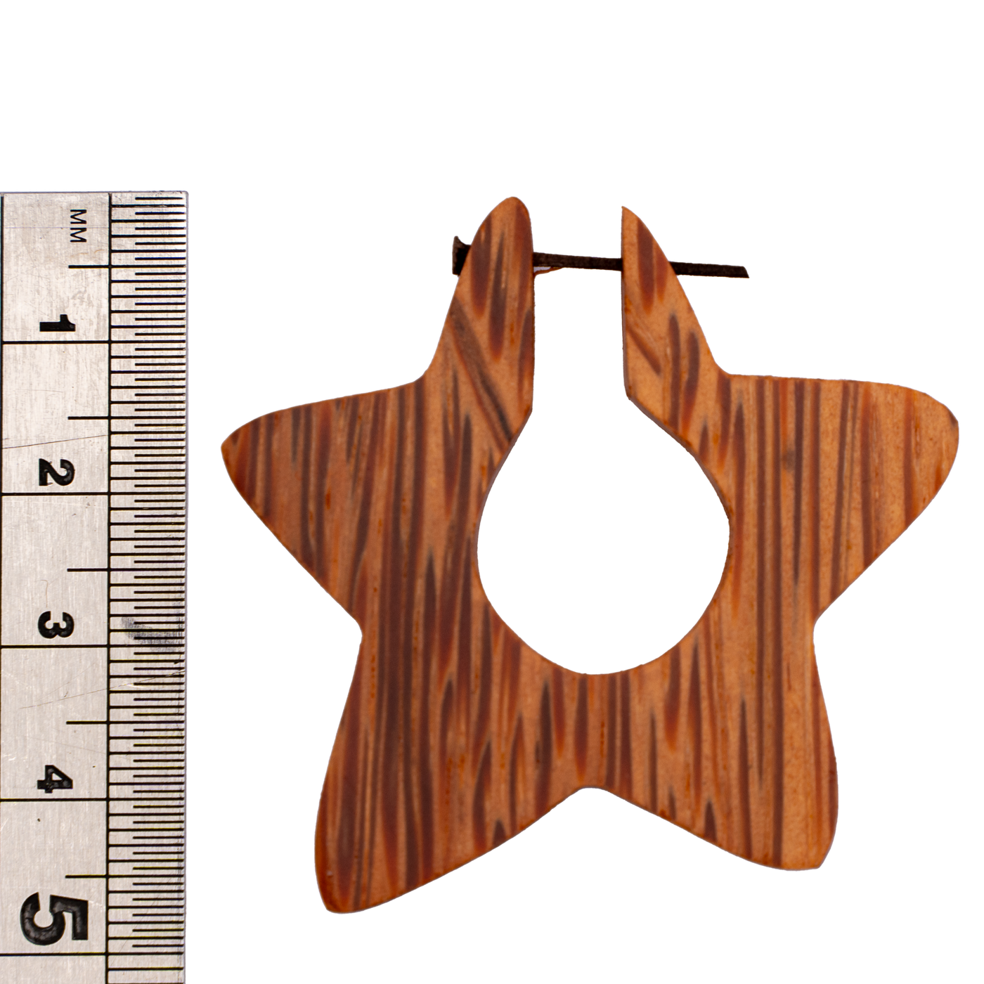 Star Shaped coconut earrings with a stick post to secure in place, approximately 5cm from top to bottom