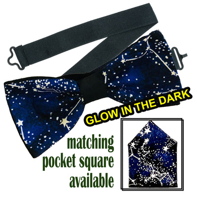 Perfect for festive parties, our glow in the dark constellation designer pre-tied bow tie & pre-folded pocket square.  The bow tie is on a sliding ribbon to attach easily. The pocket square is pre-folded for your pocket. Handmade from 100% cotton
