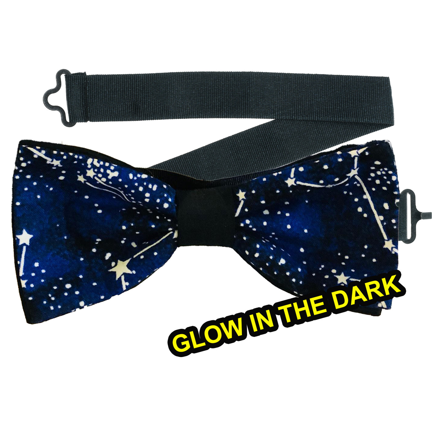 Perfect for festive parties, our glow in the dark constellation designer pre-tied bow tie is on a sliding ribbon to place and attach easily.  There is also a crocodile clip which can be attached to turn it into a hair bow.  Handmade from 100% cotton
