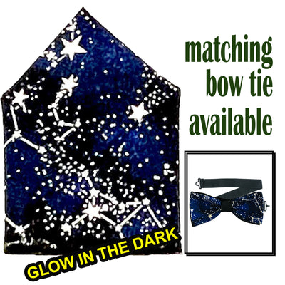 Perfect for festive parties, our glow in the dark constellation designer pre-tied bow tie & pre-folded pocket square.  The bow tie is on a sliding ribbon to attach easily. The pocket square is pre-folded for your pocket. Handmade from 100% cotton
