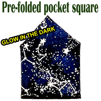 Perfect for festive parties, our glow in the dark constellation designer  pre-folded pocket square.  The pocket square is ready to go just pop it inside your breast pocket. Handmade from 100% cotton
