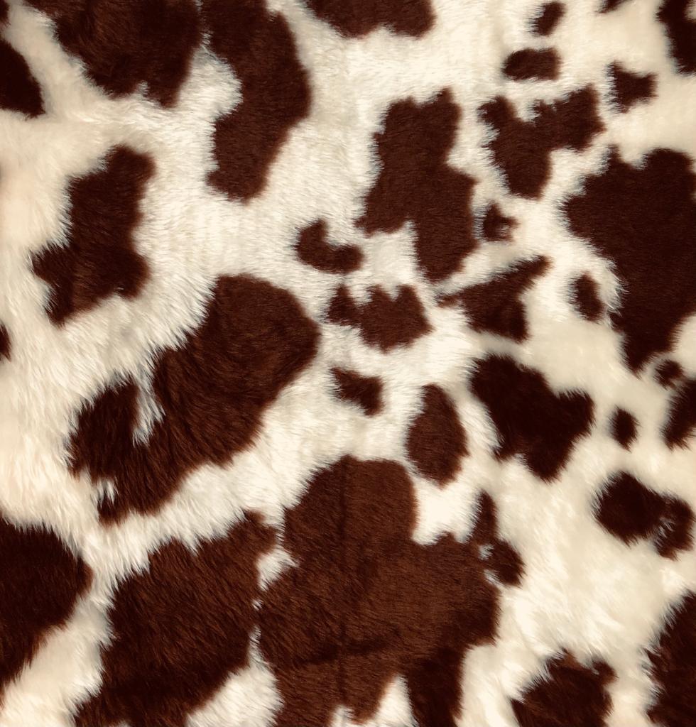 Ultra soft  and fluffy brown & cream guernsey cow faux fur fabric sold by the metre or yard 150cm wide x 100cm or 91.5cm perfect for making cushions, scarves, apparel, fancy dress up costumes
