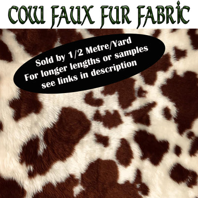 Ultra soft  and fluffy brown & cream guernsey cow faux fur fabric sold by the half metre or yard 150cm wide x 50cm or 46cm perfect for making cushions, scarves, apparel, fancy dress up costumes. Also available in Metres or Sample pieces
