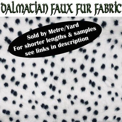 Ultra soft  and fluffy dalmatian faux fur fabric with its black spots on fluffy white fabric sold by the metre or yard 150cm wide x 100cm or 91.5cm perfect for making cushions, scarves, apparel, fancy dress costumes etc.
