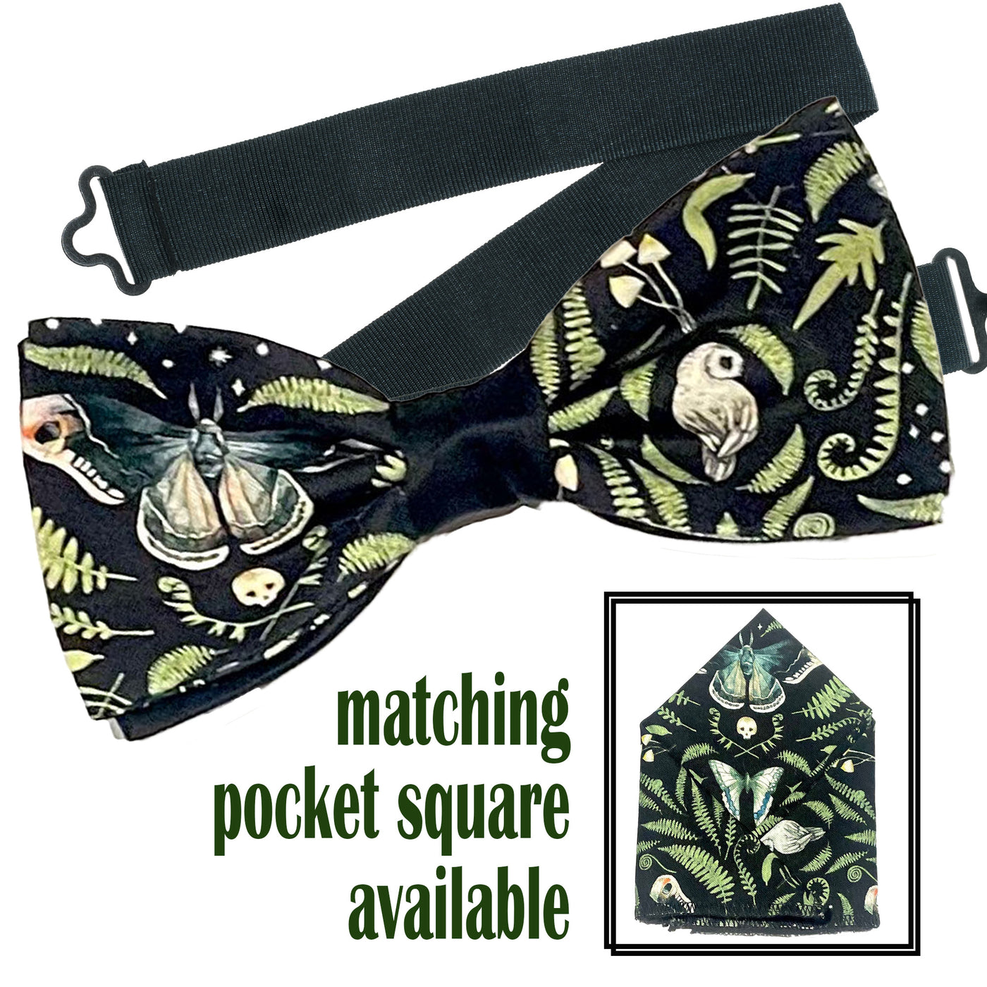 Gorgeous design with death's-head hawk moths, ferns & owls designer handmade pre-tied bow tie & pre-folded pocket square.  The bow tie is on a sliding ribbon to attach easily. The pocket square is pre-folded for your pocket. Handmade from 100% cotton
