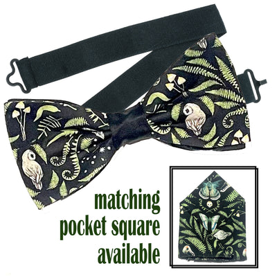 Gorgeous design with death's-head hawk moths, ferns & owls designer handmade pre-tied bow tie & pre-folded pocket square.  The bow tie is on a sliding ribbon to attach easily. The pocket square is pre-folded for your pocket. Handmade from 100% cotton
