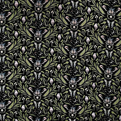 Awesome design with death's head hawk moth, skulls, butterflies, owls, moons & ferns a predominantly green design on black 100% cotton