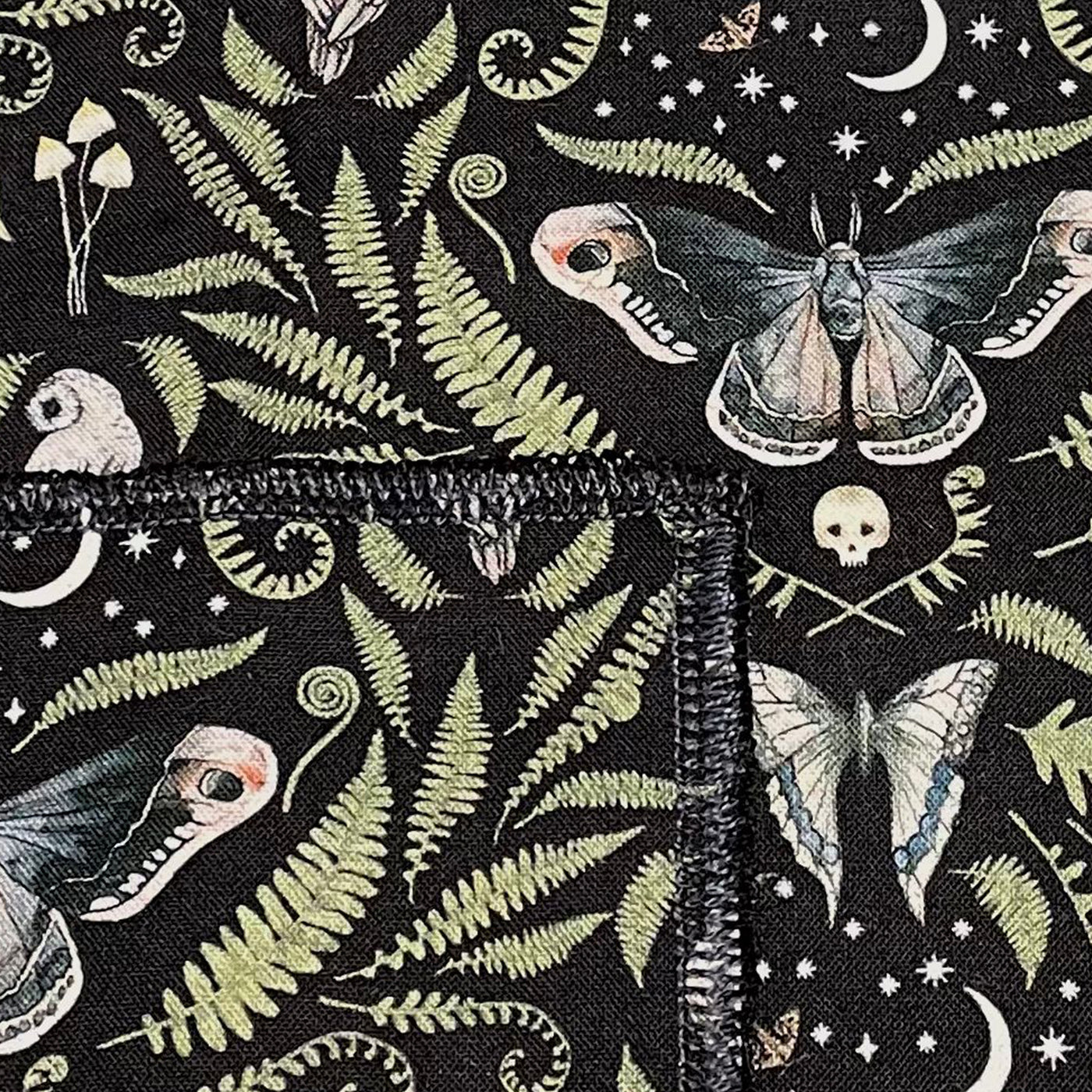 Handmade Square Bandana with an awesome design with death's head hawk moth, skulls, butterflies, owls, moons & ferns a predominantly green design on black 100% cotton