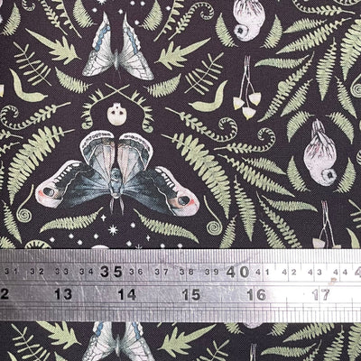 Handmade Square Bandana with an awesome design with death's head hawk moth, skulls, butterflies, owls, moons & ferns a predominantly green design on black 100% cotton