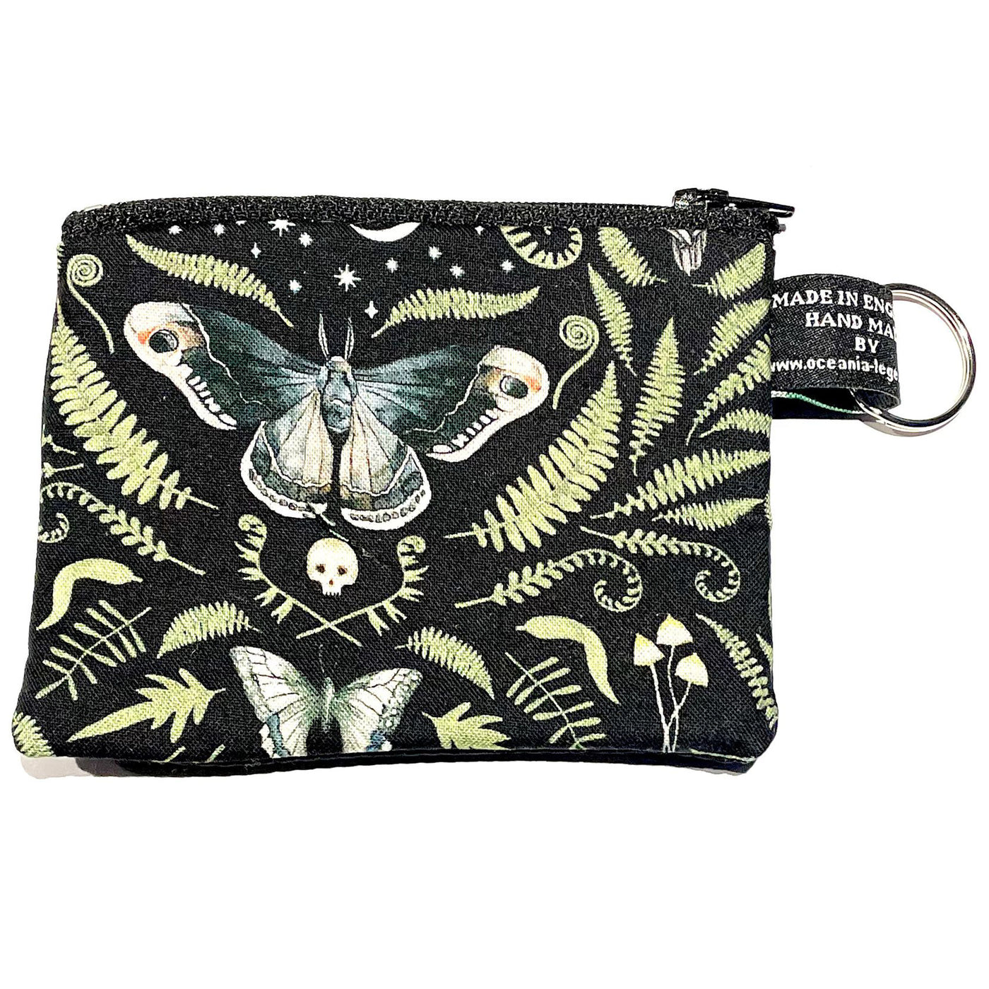 Cotton Coin and Card Purse with a deaths head hawk moth, skull, fern & mushroom design