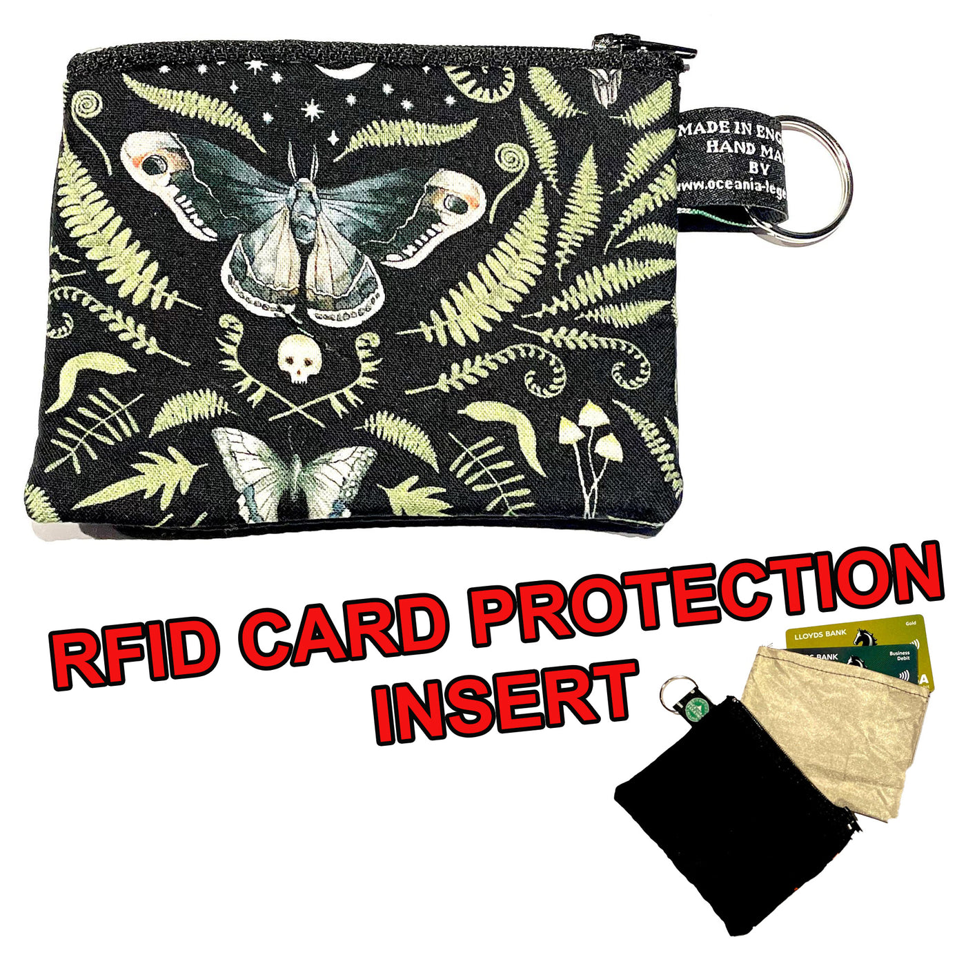 Cotton Coin and Card Purse with a deaths head hawk moth, skull, fern & mushroom design with rfid insert to block card scanners