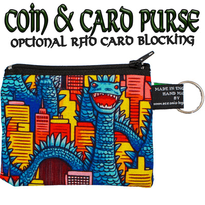 Coin & Card Purse with dinosaurs at large in the city, design on one side and black cotton on the reverse.  With an optional RFID Insert to block scanners