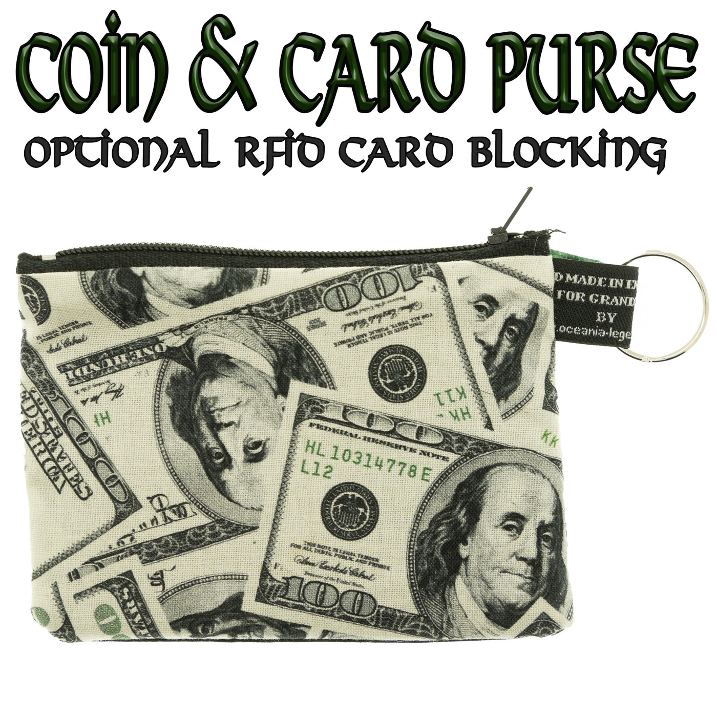 Coin & Card Purse with a $100 dollar design, overlapped notes cover the front of this purse approximately 11.5cm x 8.5cm.  Design on one side and black cotton on the reverse.  With an optional RFID Insert to block scanners. Handmade from machine washable 100% cotton
