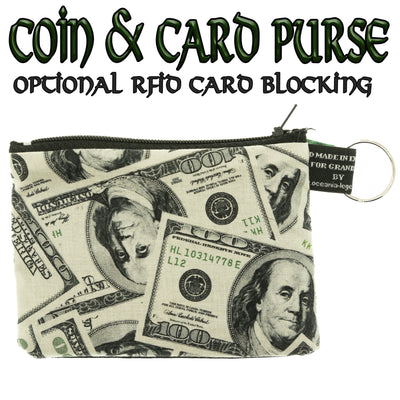 Coin & Card Purse with a $100 dollar design, overlapped notes cover the front of this purse approximately 11.5cm x 8.5cm.  Design on one side and black cotton on the reverse.  With an optional RFID Insert to block scanners. Handmade from machine washable 100% cotton
