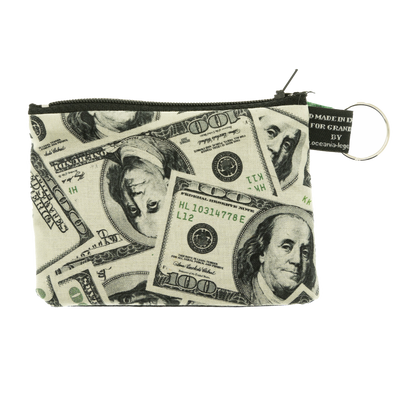 Coin & Card Purse with a $100 dollar design, overlapped notes cover the front of this purse approximately 11.5cm x 8.5cm.  Design on one side and black cotton on the reverse.  With an optional RFID Insert to block scanners. Handmade from machine washable 100% cotton

