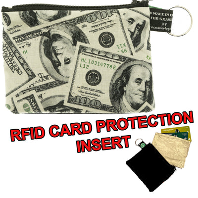 Coin & Card Purse with a $100 dollar design, overlapped notes cover the front of this purse approximately 11.5cm x 8.5cm.  Design on one side and black cotton on the reverse.  With an  RFID Insert to block scanners. Handmade from machine washable 100% cotton
