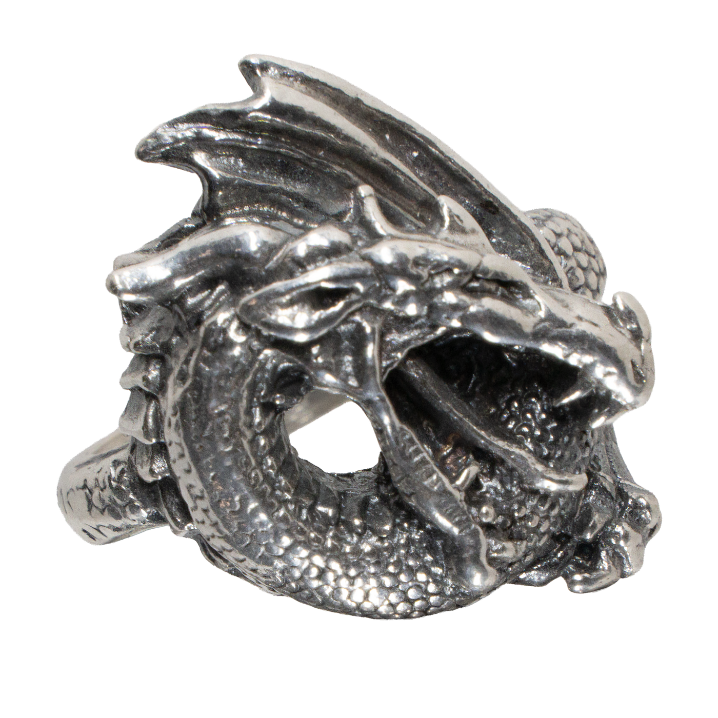 Dragon Ring. Made from 925 solid sterling ring.  The dragon is very realistic with open mouth ready to breath fire, the scaled body & wing curls around your finger, great texturing and detailing throughout. Available in sizes M - Z+5.  Please ask for alternative sizes.
