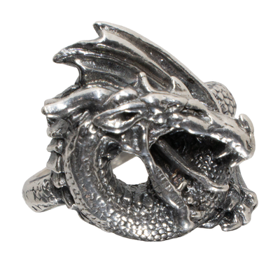 Dragon Ring. Made from 925 solid sterling ring.  The dragon is very realistic with open mouth ready to breath fire, the scaled body & wing curls around your finger, great texturing and detailing throughout. Available in sizes M - Z+5.  Please ask for alternative sizes.
