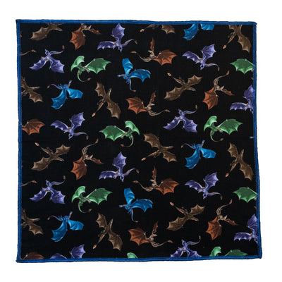 Flying Dragons in various colours on our handmade bandana 21" x 21" (approx.)