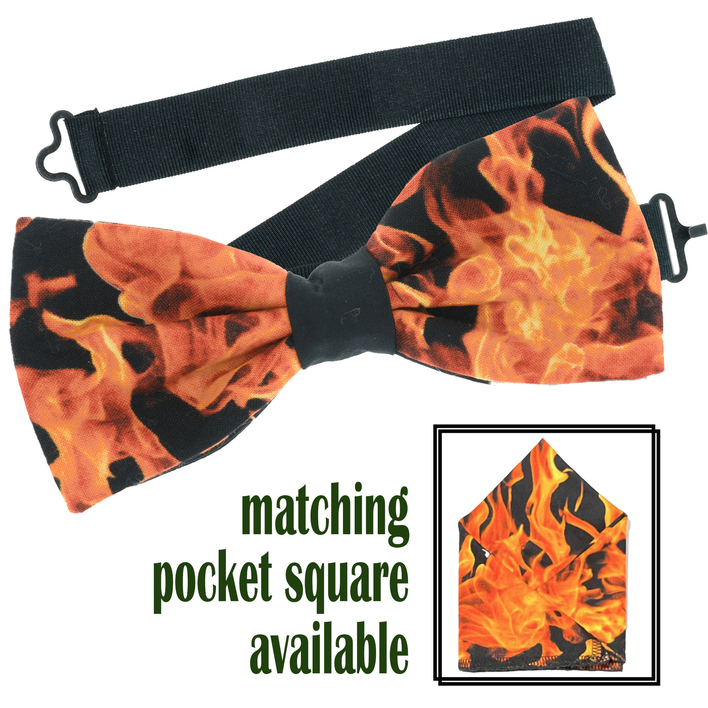 Realistic flames fire design.  Pre-tied bow tie & pre-folded pocket square.  The bow tie is on a sliding ribbon to easily attach. The pocket square is pre-folded for your breast pocket. Handmade from 100% cotton
