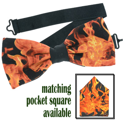 Realistic flames fire design.  Pre-tied bow tie & pre-folded pocket square.  The bow tie is on a sliding ribbon to easily attach. The pocket square is pre-folded for your breast pocket. Handmade from 100% cotton
