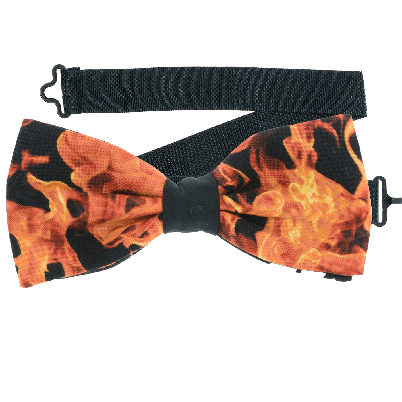 Realistic flames fire design.  Pre-tied bow tie.  The bow tie is on a sliding ribbon to easily place and attach.  Handmade from 100% cotton
