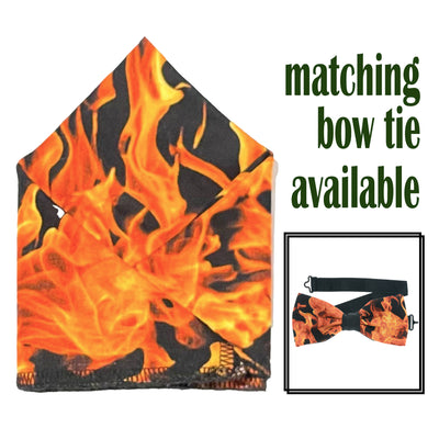 Realistic flames fire design.  Pre-tied bow tie & pre-folded pocket square.  The bow tie is on a sliding ribbon to easily attach. The pocket square is pre-folded for your breast pocket. Handmade from 100% cotton
