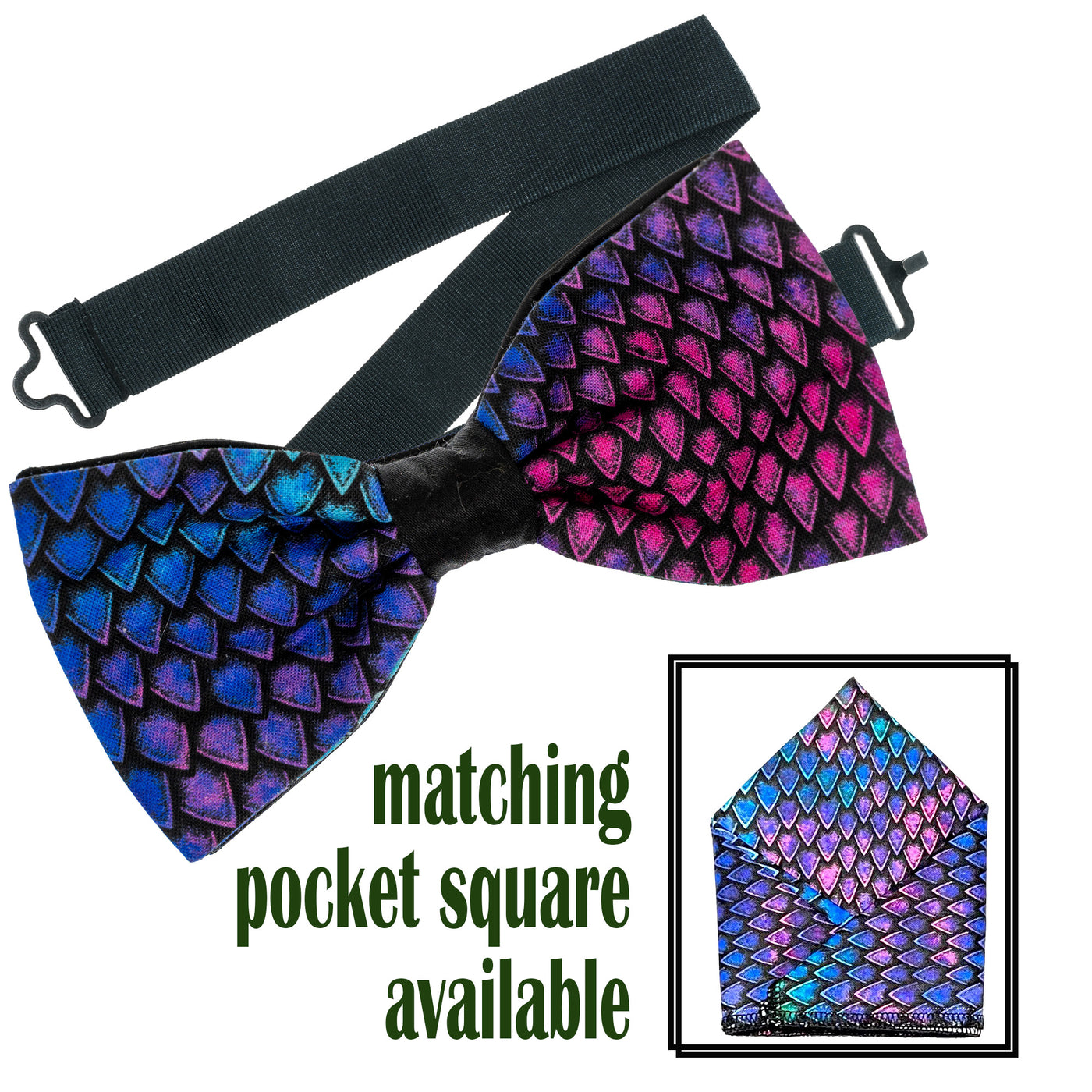 Dragon or Dinosaur Scale design with a gradient of bright colours in blues, pinks & purples on our handmade bow tie & pocket square.  The bow tie is on a sliding ribbon to easily attach. The pocket square is  25cmx25cm, pop it straight in your pocket
