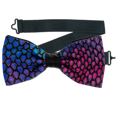 Dragon or Dinosaur Scale design with a gradient of bright colours in blues, pinks & purples on our pre-tied bow tie.  The bow tie is on a sliding ribbon to place and attach easily. Handmade from 100% Cotton
